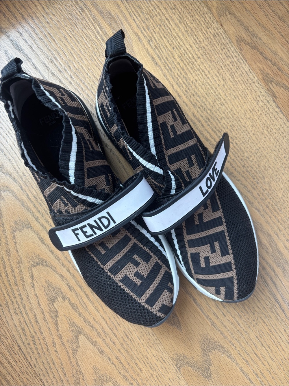 Fendi Black & Brown FF Logo Knit Slip-On Sneakers with White Straps